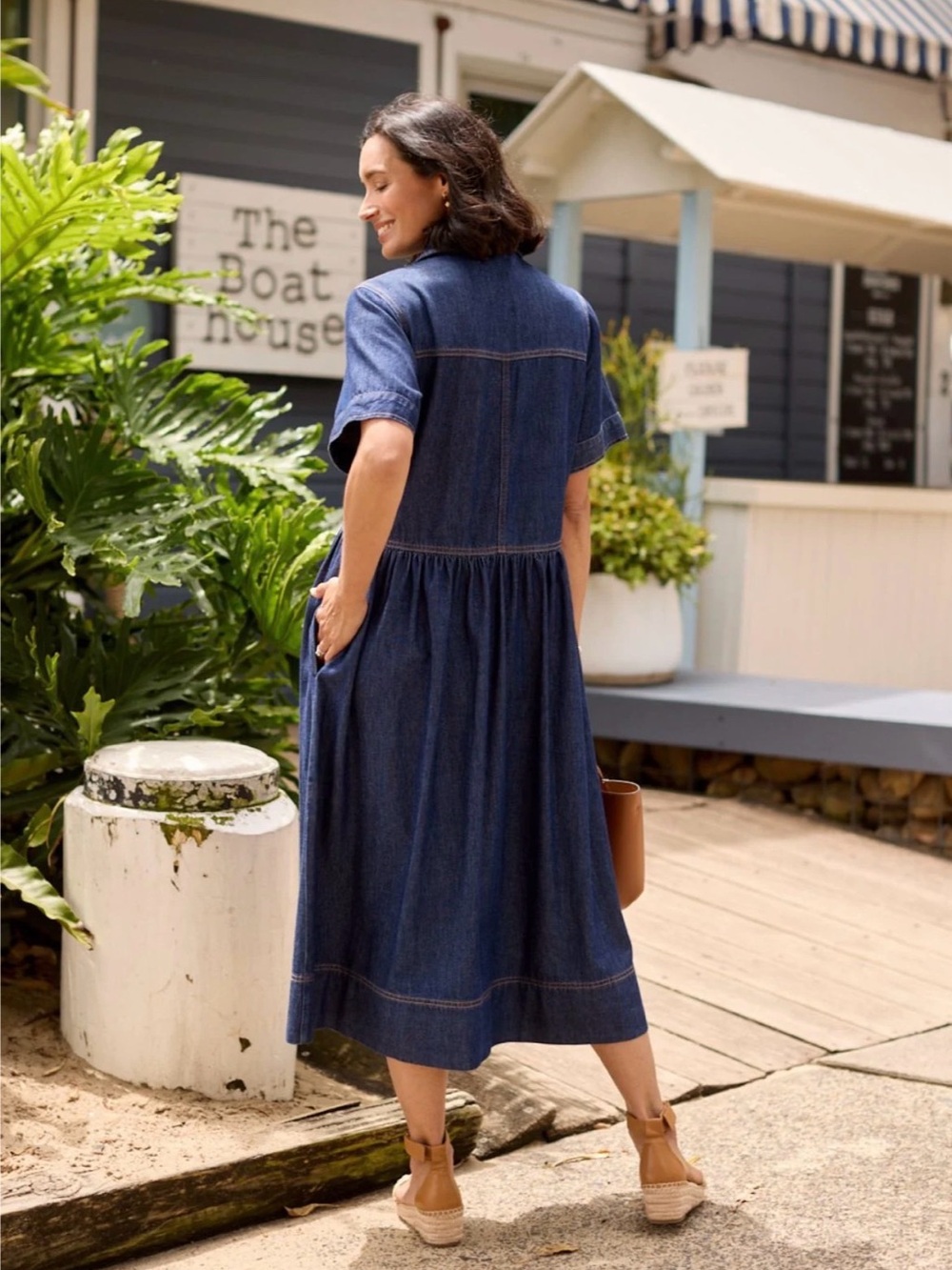 Washed Blue Denim Midi Dress with Short Sleeves